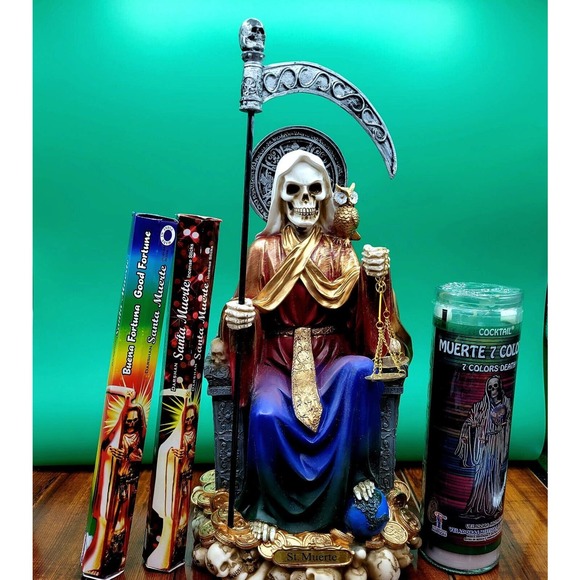 SANTA MUERTE 7 color Statue 12", 7 color Candle Fixed & incense Altar Bundle - Picture 2 of 16